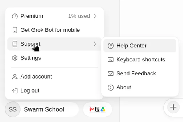 Grok Bot account menu with the Support submenu: Help Center, Keyboard shortcuts, Send Feedback, About
