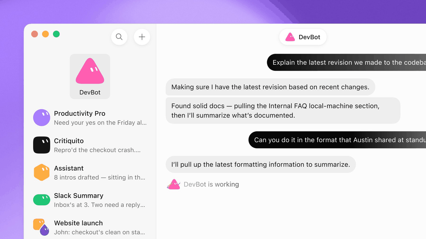 Grok Bot screenshot: The Grok Bot app with a bot called DevBot open: its avatar and name at the top of the sidebar, other bots listed below, and its chat on the right.