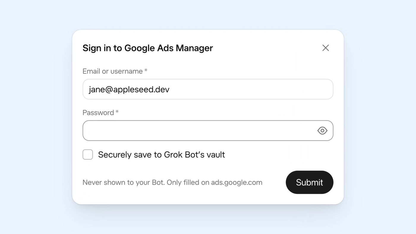 Grok Bot screenshot: A Secure Form in Grok Bot asking to sign in to Google Ads Manager, with the password field empty and an option to save to the vault.
