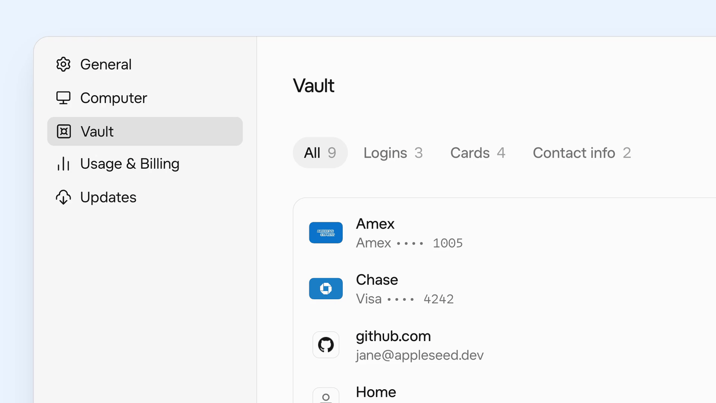 Grok Bot screenshot: Settings, Vault in Grok Bot: saved cards and logins with numbers masked, filtered by Logins, Cards and Contact info (demo data).