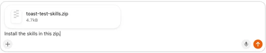Grok Bot message box with a skills zip attached and the message "Install the skills in this zip." typed