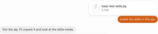 Grok Bot chat: the sent zip and message, and the bot replying "Got the zip. I'll unpack it and look at the skills inside."