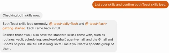 Grok Bot chat: asked to list its skills, the bot confirms both new skills load correctly and names them as links