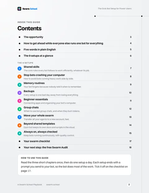 Contents page listing the 9 setups